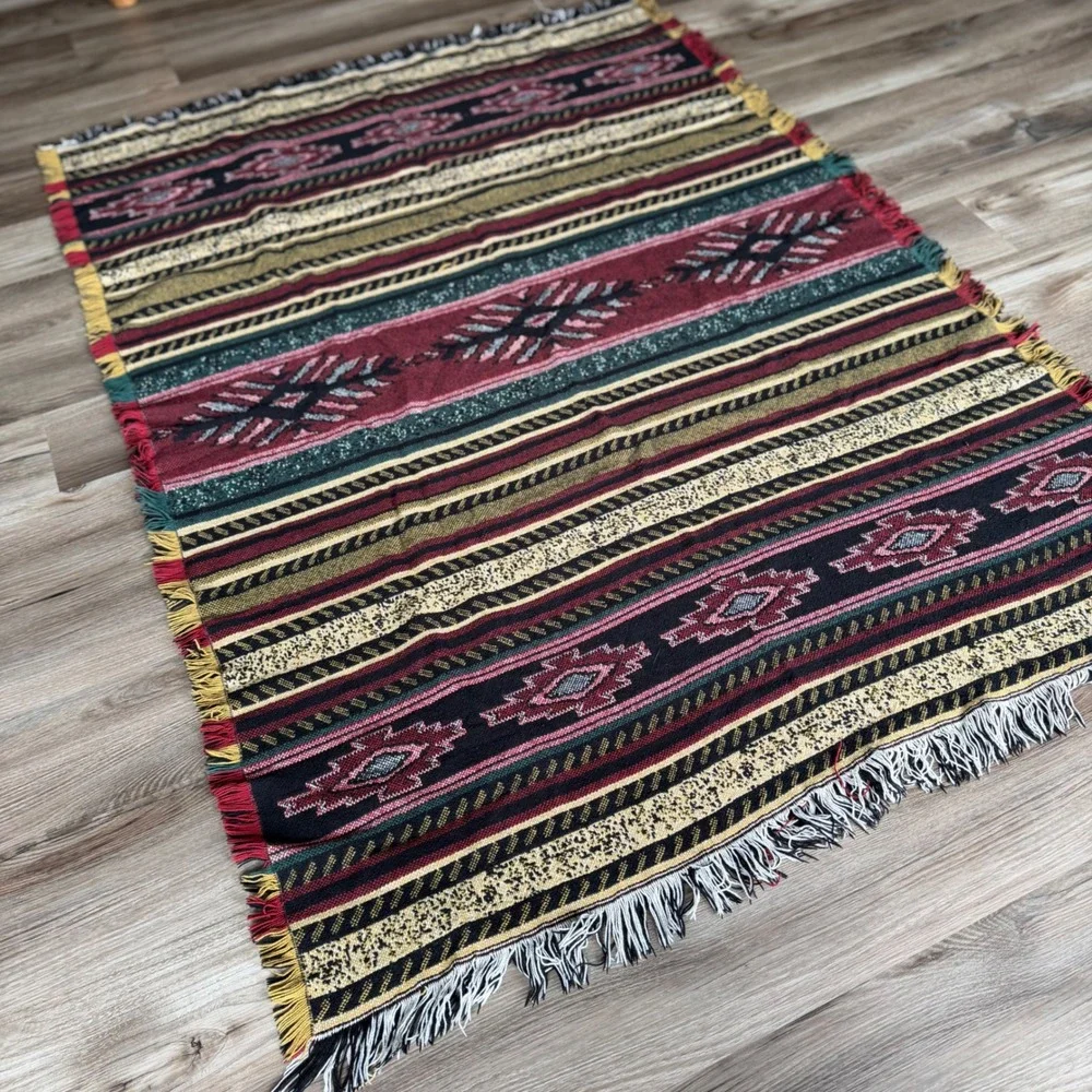 Vintage Southwestern Woven Throw Blanket Geometric Tribal Fringed 47x63